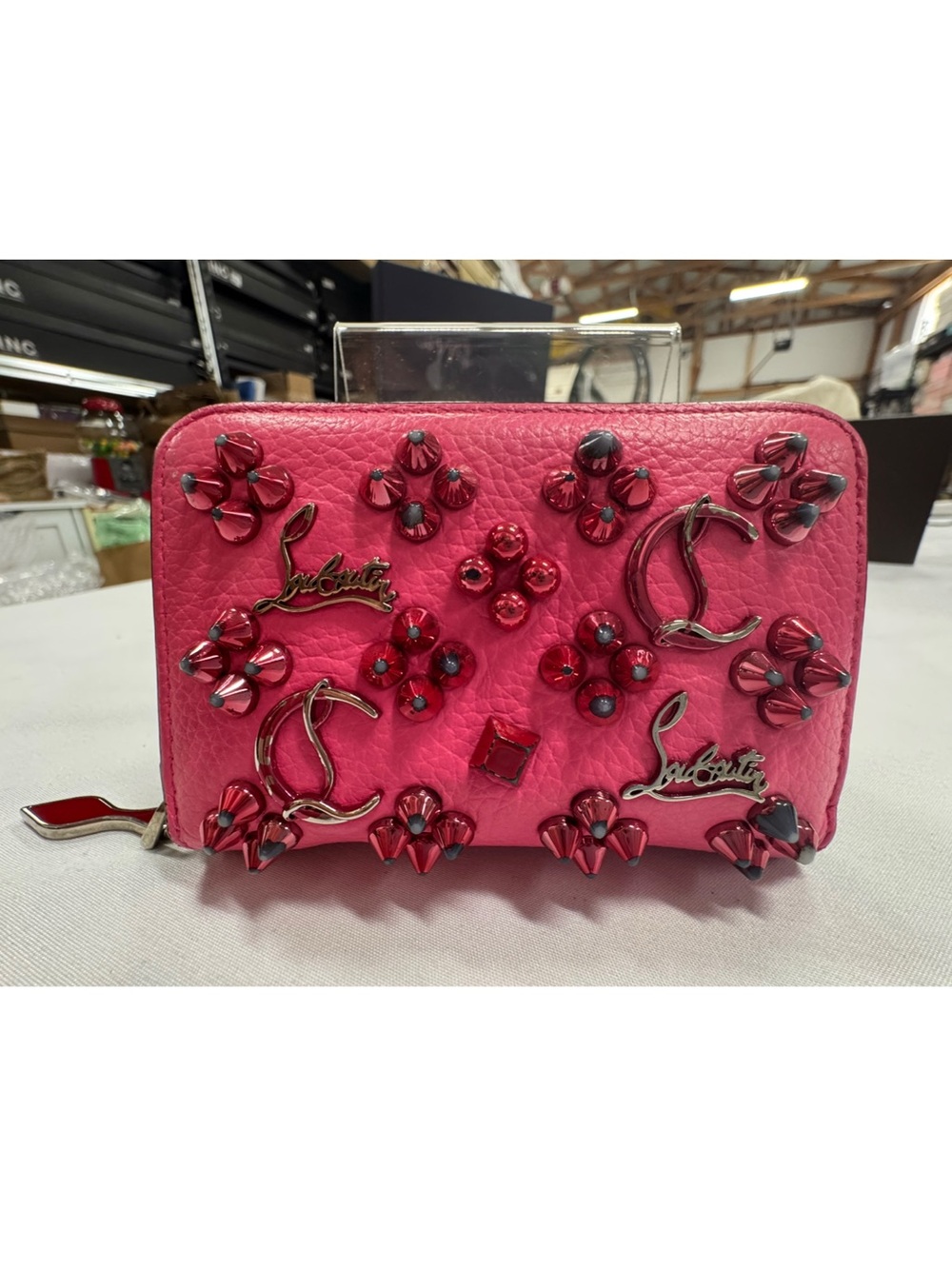 Christian Louboutin Hot Pink studded Zip Wallet